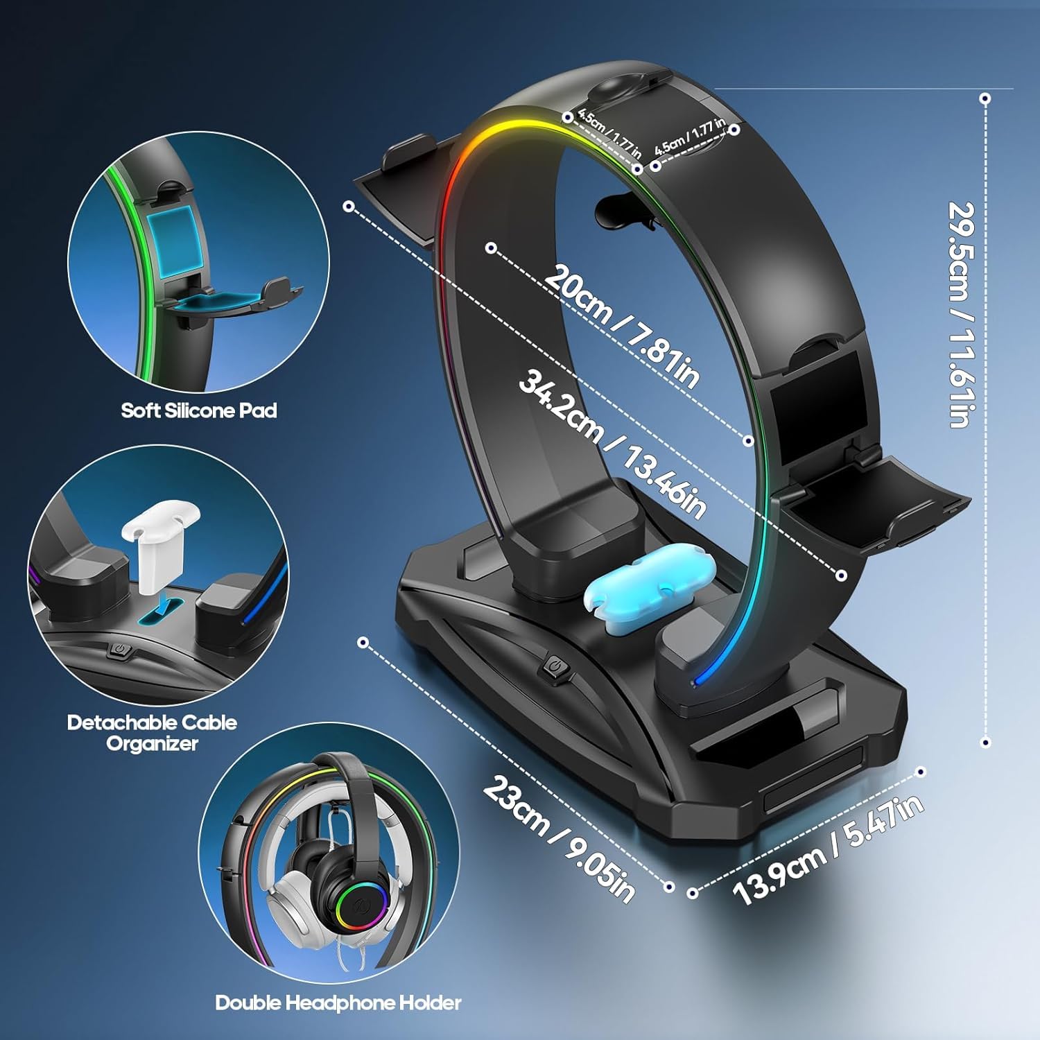 Supporto RGB per cuffie e controller con 9 modalità di illuminazione, gancio pieghevole per controller da scrivania, supporto per auricolari con organizer per cavi, per gamer, accessori