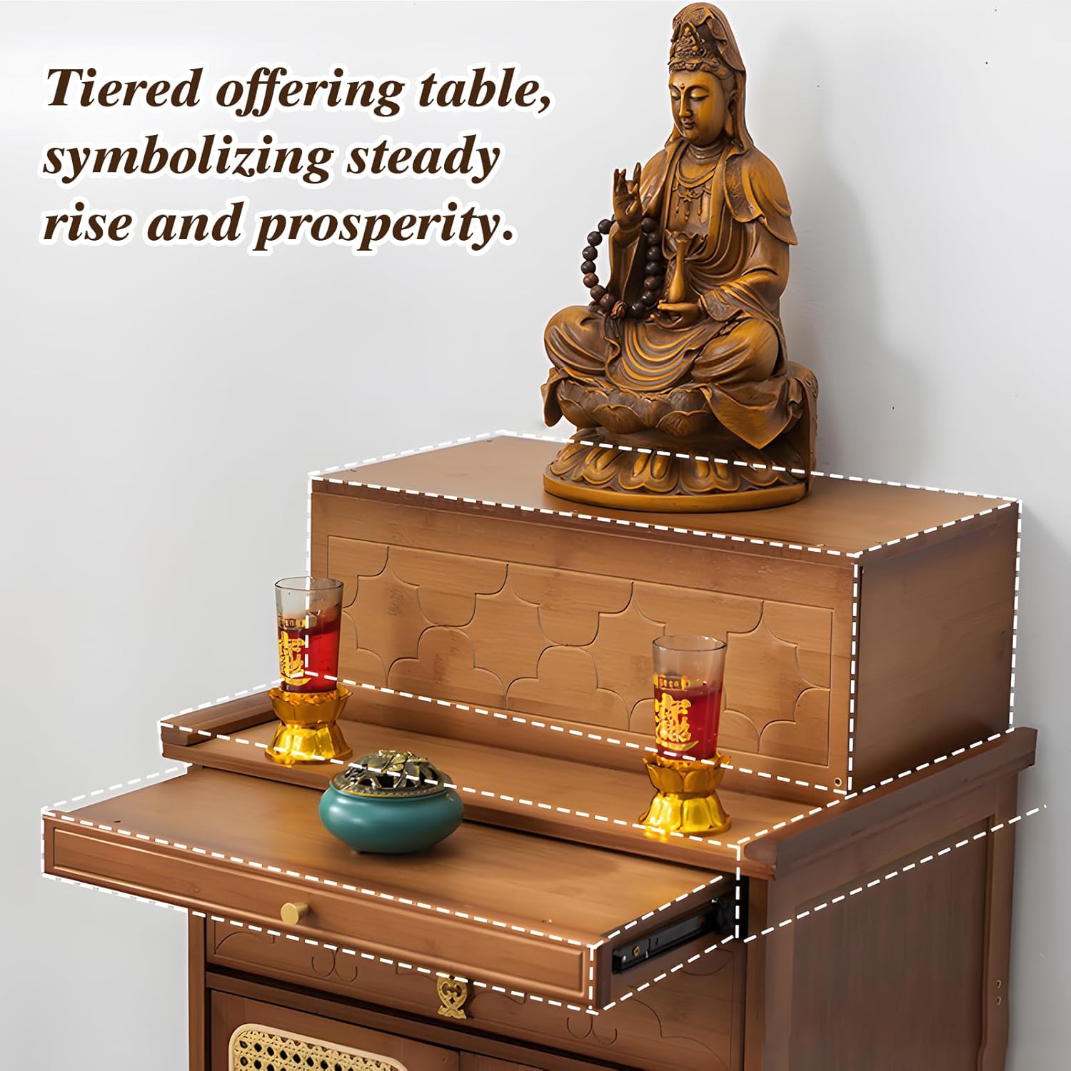 Bamboo Altar Table for Home Worship, Mtat Cabinet with Storage, Offering Pedestal for Rituals, Stylish Living Room & Temple Decor