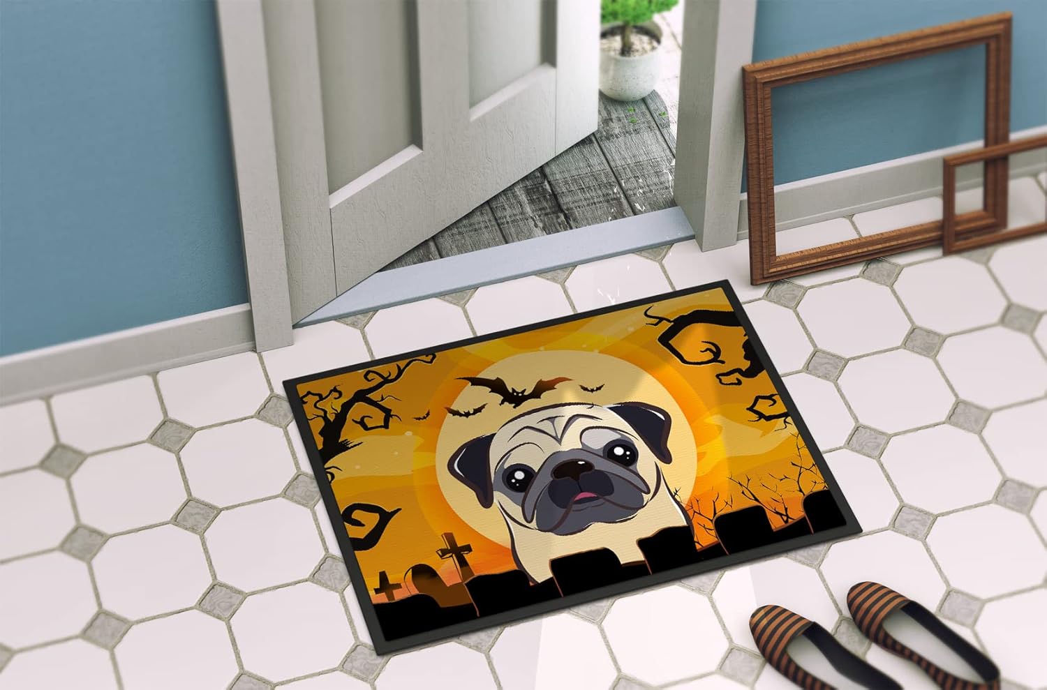 Caroline's Treasures BB1820MAT Halloween Fawn Pug Doormat 18x27 Front Door Mat Indoor Outdoor Rugs for Entryway, Non Slip Washable Low Pile, 18H X 27W