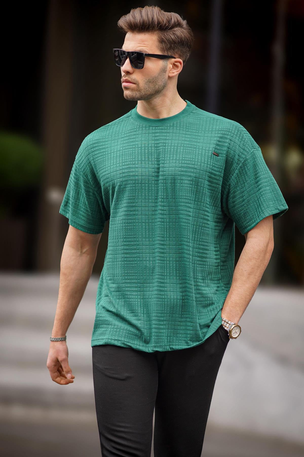 Madmext Erkek Oversize Bisiklet Yaka T-Shirt, Yeşil, M Beden