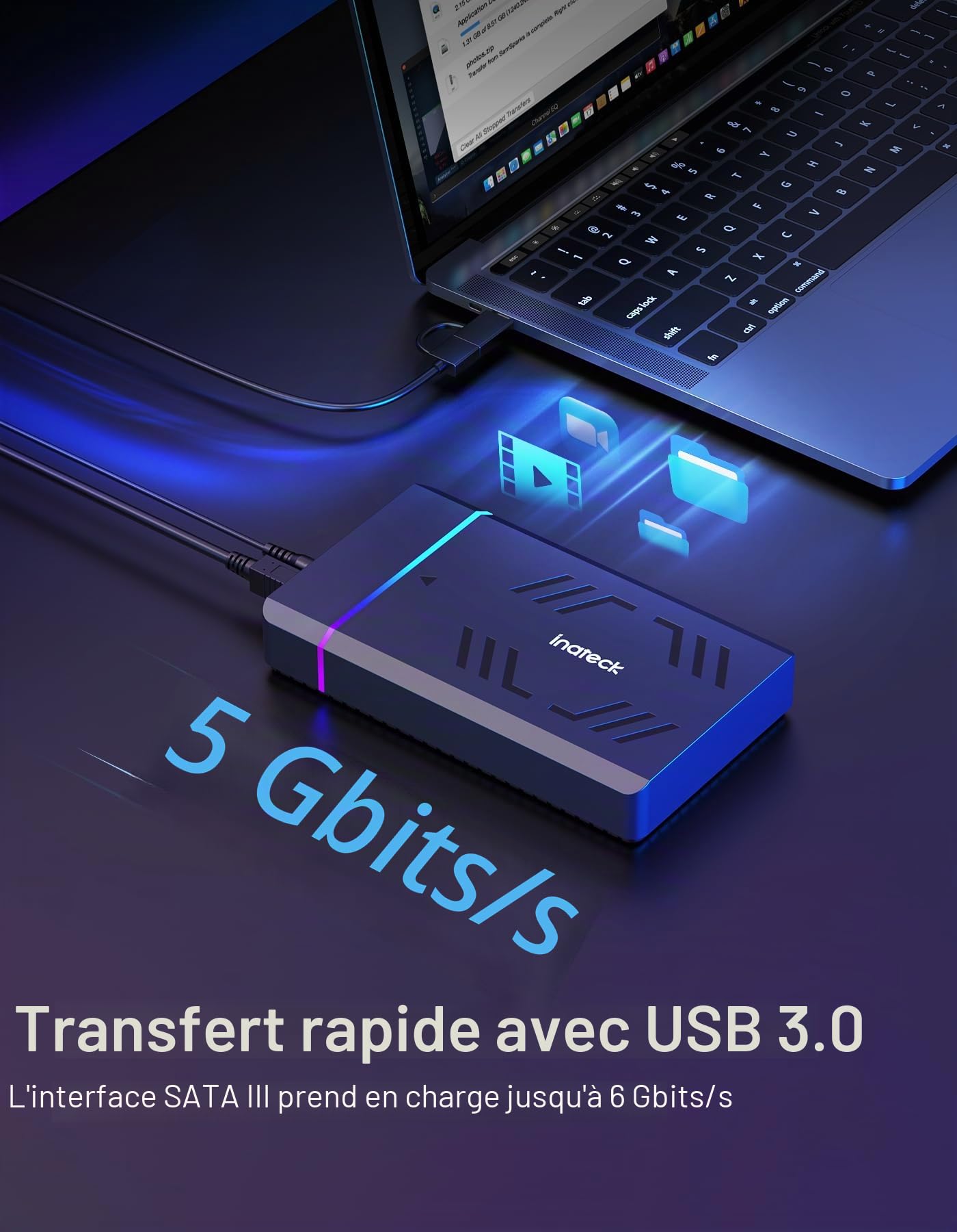Inateck Boîtier Disque Dur RGB 3,5 Pouces, Boîtier Externe USB 3.0 pour SATA HDD et SSD 2,5''/3,5'', avec Ports d'Extension et Adaptateur d'alimentation 12V/2A, Prend en Charge jusqu'à 20 to, FE3003