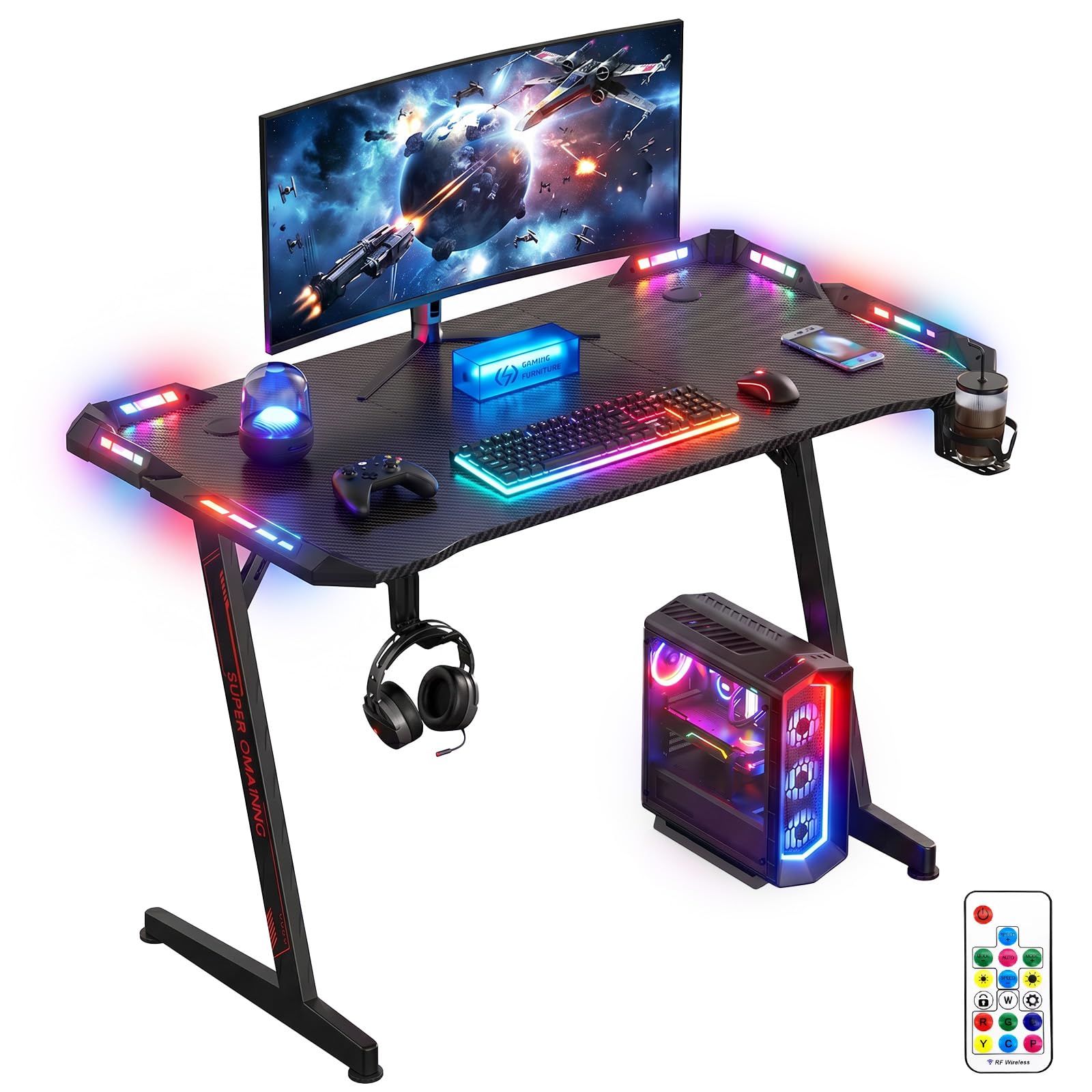 120 x 60 cm Gaming Tisch mit LED Desk mit Kopfhörerhaken und Getränkehalter | PC Tisch Gaming mit Kohlefaseroberfläche, Z-Form Gamer Schreibtisch Stabiler Computertisch für Gaming Home Office, Schwarz