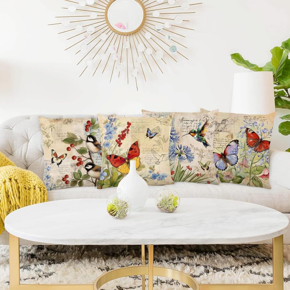 4 Pieces Cushion Covers Spring Flowers 40 x 40 cm, Watercolor Flowers Cushion Covers, Linen Cushion Cover, Butterflies and Birds, for Sofa Home Decoration (B)
