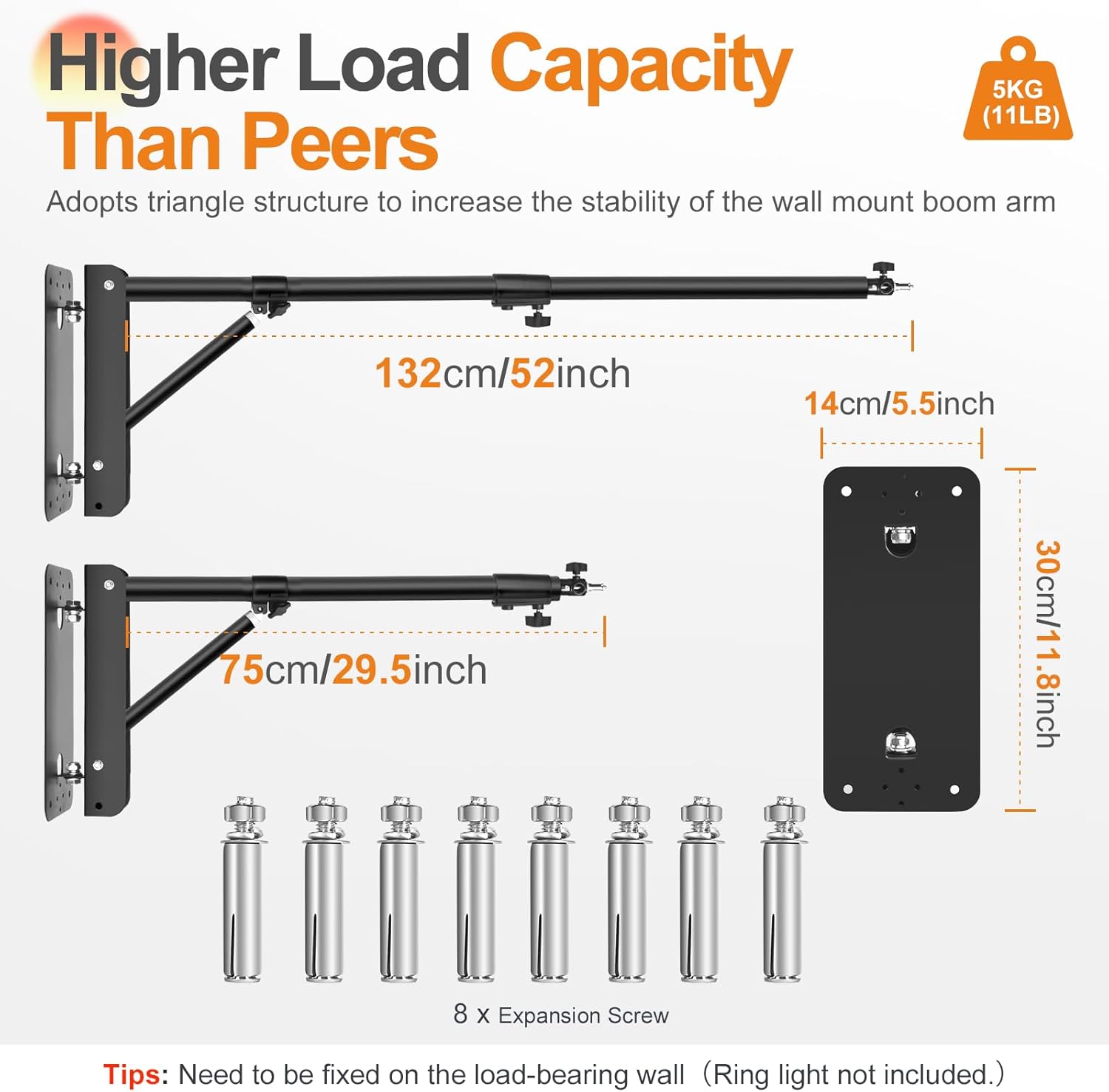 Ring Light Wall Mount - 52in/132cm, Fotoumgl Adjustable Wall Mount Ring Light Triangle Boom Arm Support 180° Flexible Rotation for Strobe Light, Softbox, Reflector, Ideal for Photography Studio Salons