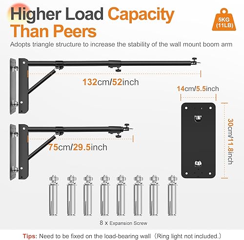 Miniatura 3 de Anillo de pared para montaje en pared, 52 pulgadas52.0 in, ajustable, soporte de brazo triangular, rotación flexible de 180 para luz estroboscópica,
