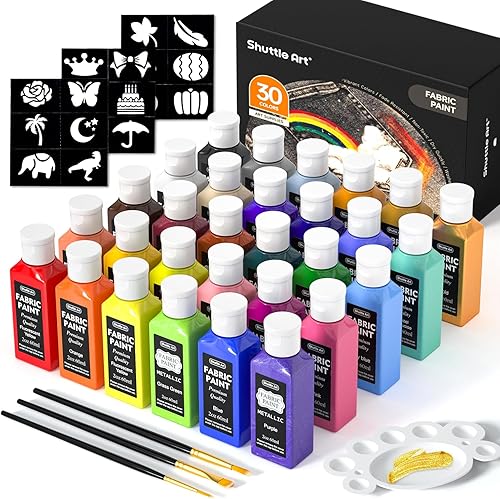 Shuttle Art - Pintura para tela, 30 colores, pintura de tela suave permanente en botellas (2.0 fl oz2 onzas) con pinceles, paleta, plantillas,