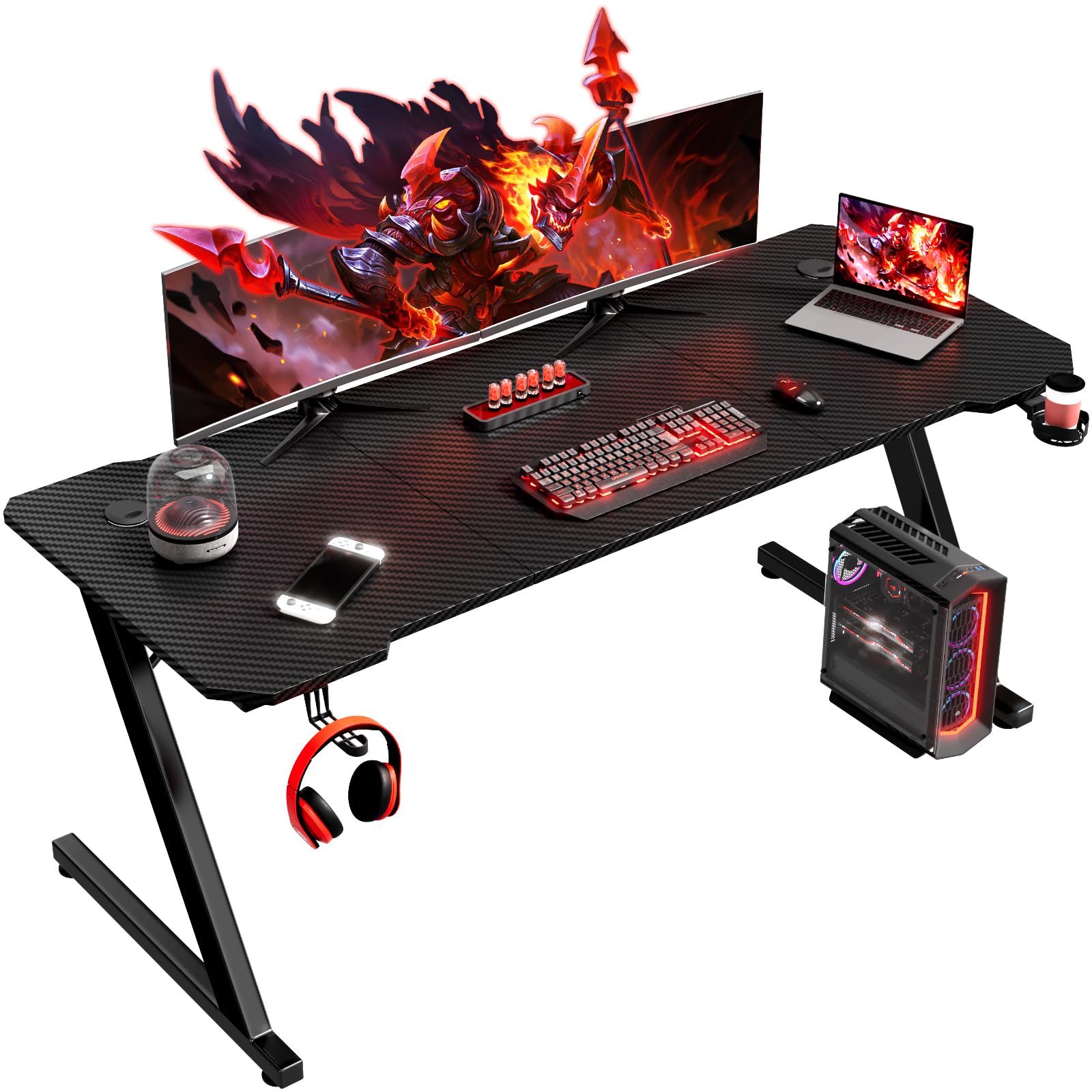 Homall Gaming Desk 140 x 60 cm PC Computer Desk Z Shaped Computer Table PC Gaming Table Gamer Desk for Home Office with Cup Holder and Headphone Hook, Black, Z40A