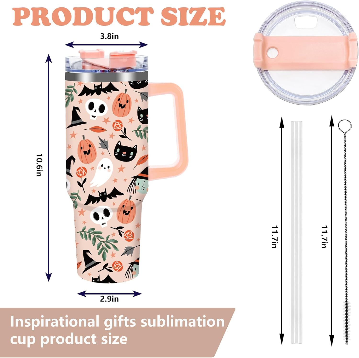 JarThenaAMCS 40oz Halloween Tumbler with Handle Straw and Lid Spooky Skull Ghost Pumpkin Travel Tumbler Coffee Cup for Holiday Party Home Office - Image 2