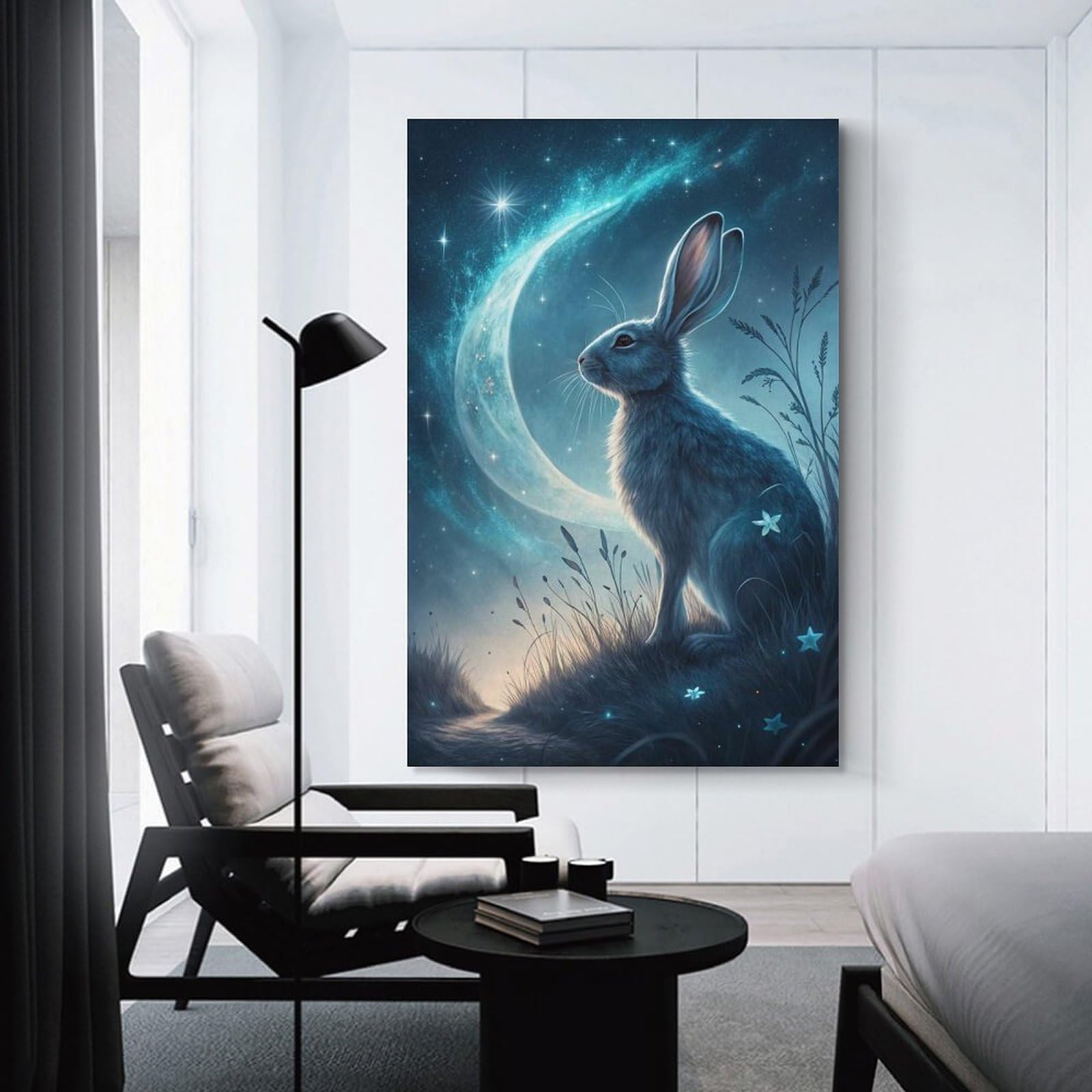 Junmoney Celestial Rabbit Under Crescent Moon Wall Picture Print 20x30inch(50x75cm), for Corridors, Hallways Or Apartment Entries, Decorative Canvas Styling for Entry Areas