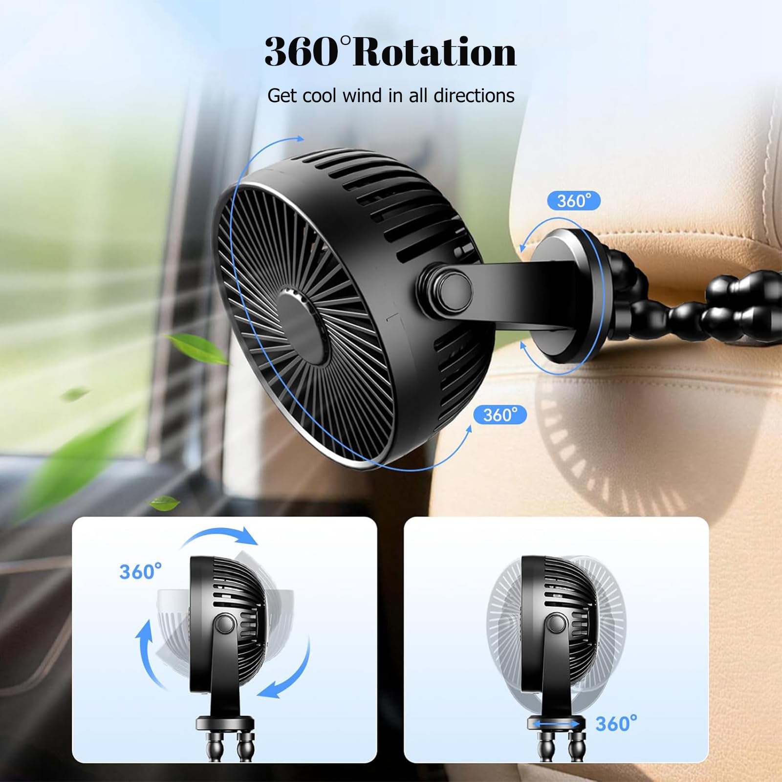 Mini ventilatore portatile USB 2000 mAh 3 velocità rotazione 360° supporto regolabile per passeggini ufficio camera da letto Nero