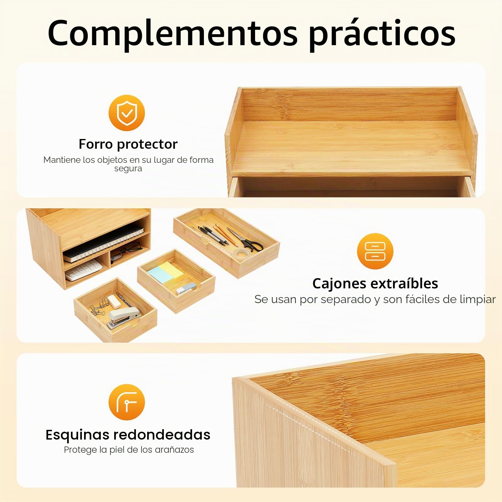 Organizador de escritorio de bambú con 3 cajones, organizador de oficina, caja de almacenamiento, caja de cajones natural, 30 x 19 x 20 cm