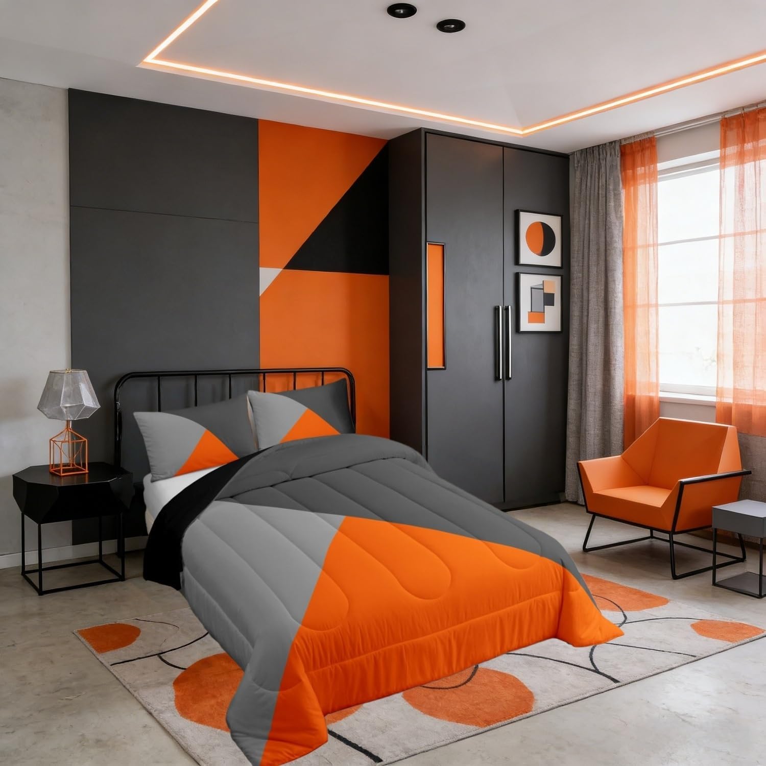 Erosebridal Geometric Triangle Comforter,Orange Dark Grey Light Grey Bedding Set Queen for Teen Boys Girls Aesthetic Comforter Set Luxury Modern Simple Art Style Quilt Duvet Insert with 3 Pcs
