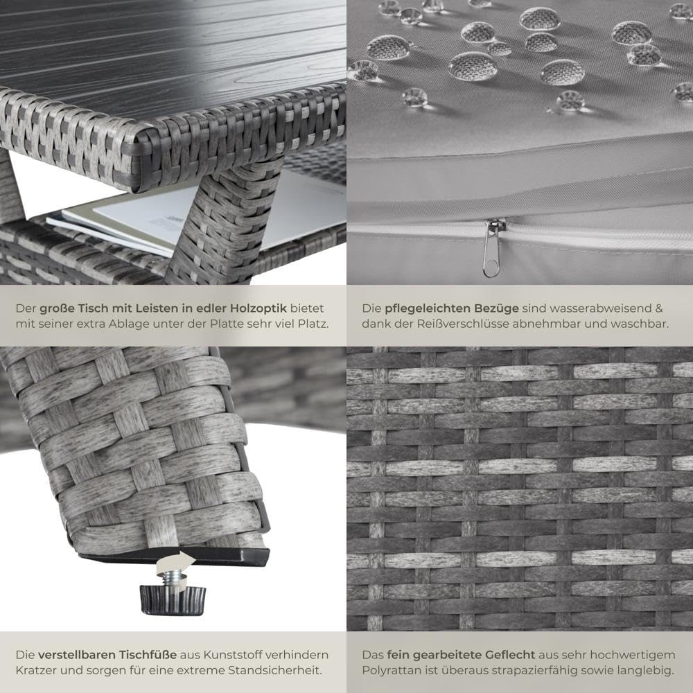 tectake® Gartenbank, Set mit Bank und Esstisch, Rattan Eckbank Outdoor Lounge, Sitzecke wetterfest als Gartenlounge, Balkon Möbel, Wintergarten, Terrasse - grau