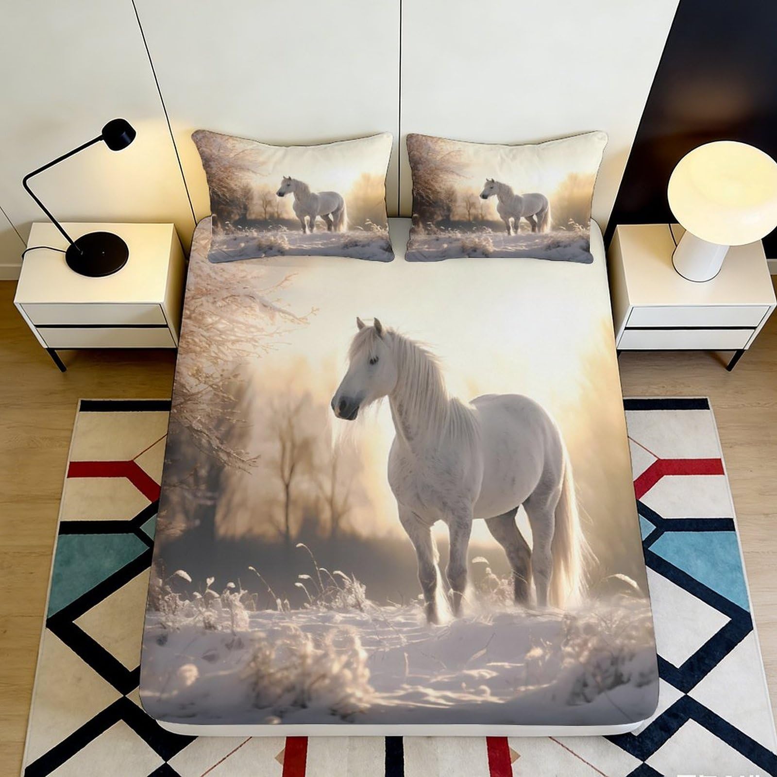Jqzkxnhpbr Style-7 3D Printed White Horse Fitted Sheet Microfiber Soft Breathable Forest Sunrise Mattress Cover Bedroom Decor 90X200x25cm