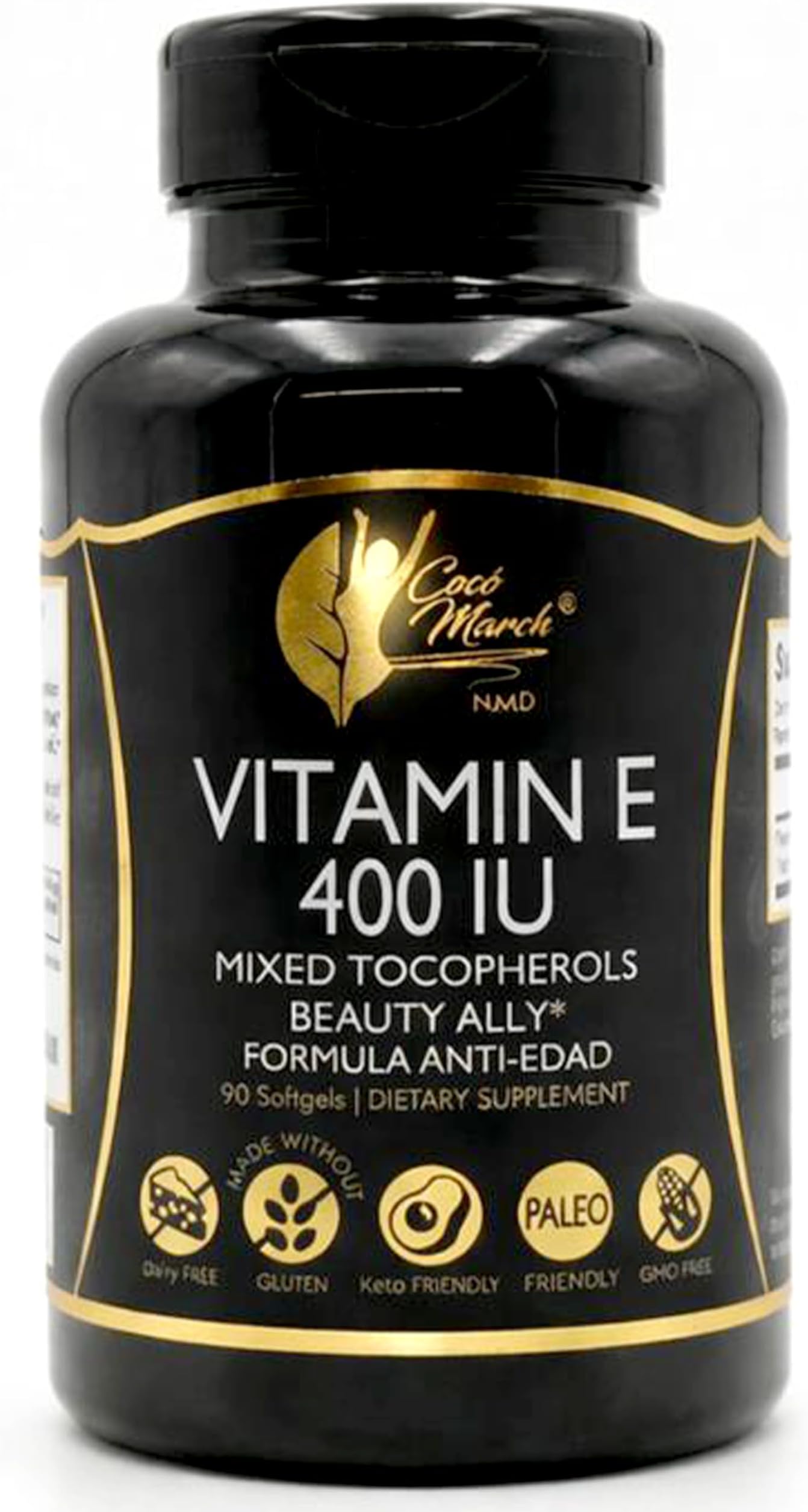 Coco March N.M.D Natural Vitamin E 400 IU Mixed Tocopherols โ Immune Support Supplement for Heart, Skin & Eye - Antioxidants for Women & Men, Gluten Free & Dairy Free, 3-Month Supply, 90 Softgels