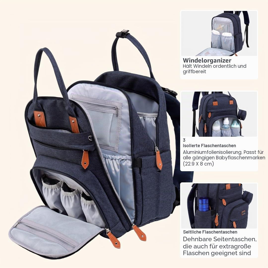 BabbleRoo Wickeltasche Rucksack – Große Kapazität, 17 Taschen, Wasserabweisend – mit Wickelauflage, abnehmbarem Schnullerhalter, Kinderwagengurten – Reiserucksack für Mama & Papa