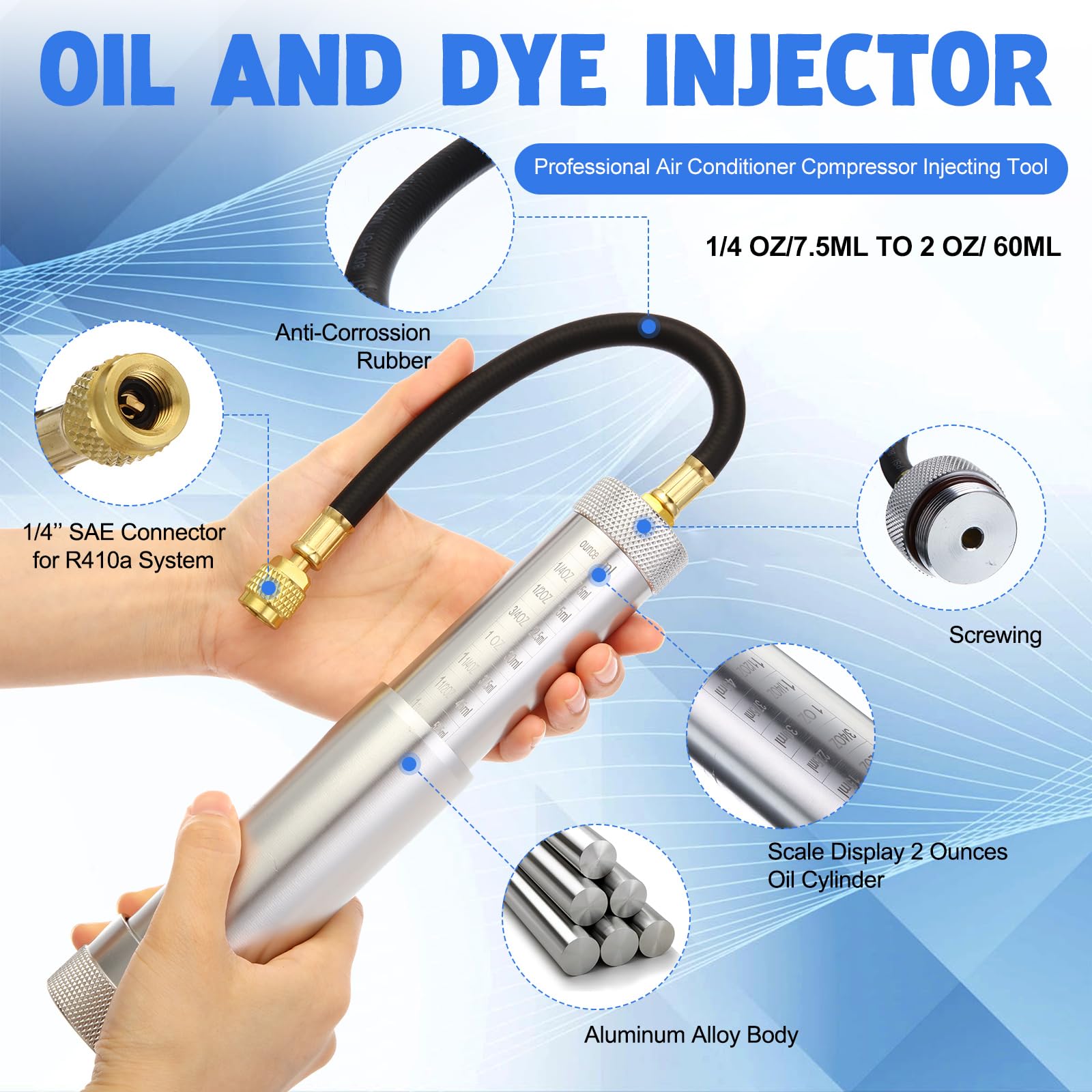 Glooglitter Kit de inyector de aceite y tinte y detector de fugas con acoplador ajustable y comprobadores de aceite y detector de fugas con luz UV y gafas protectoras para sistema refrigerante R134A