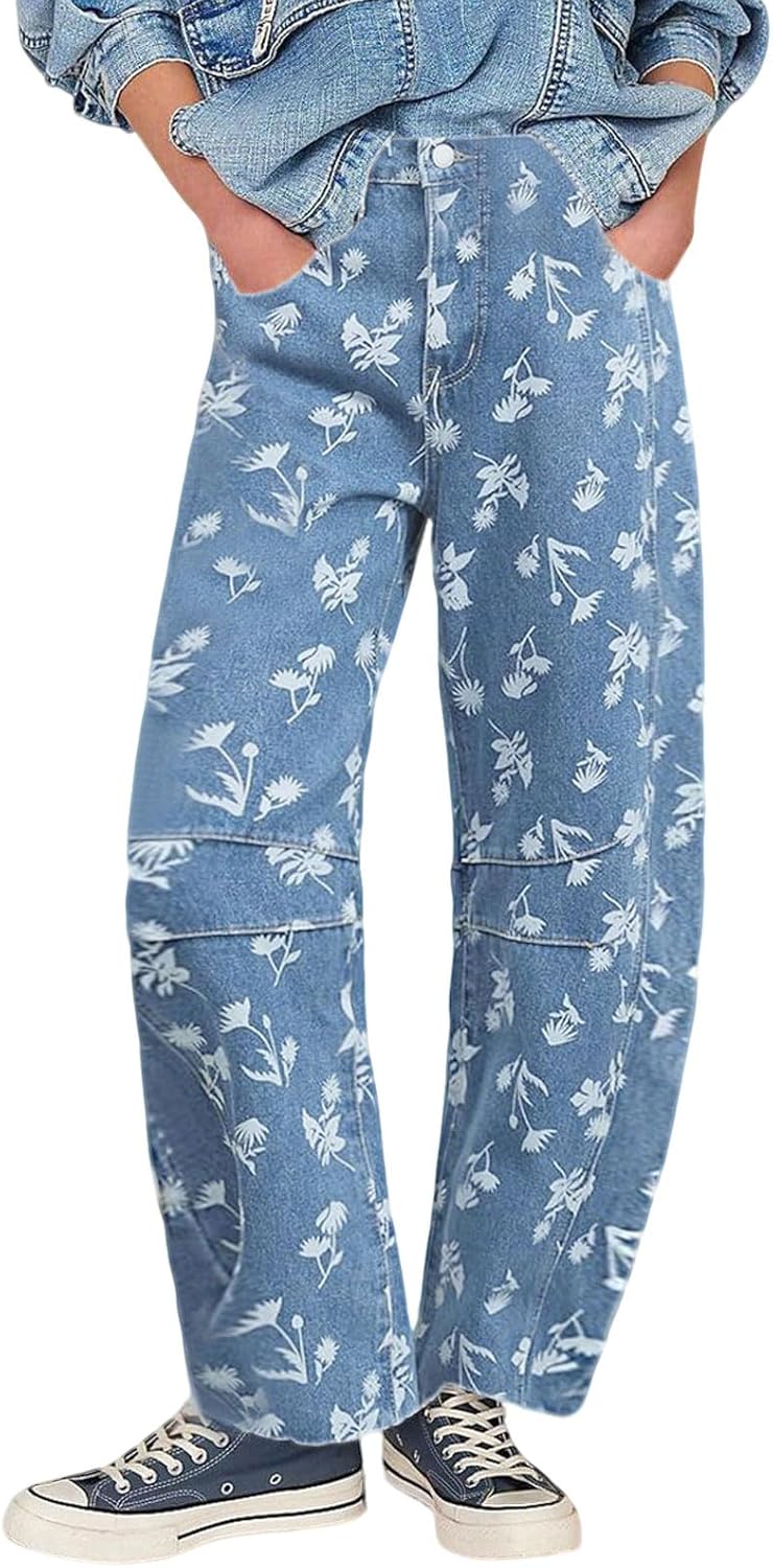 loveimgs Women Boyfriend Mid Rise Floral Print Jeans Denim Ankle Pants Y2k Flower Printed Straight Wide Leg Jeans Sweatpants