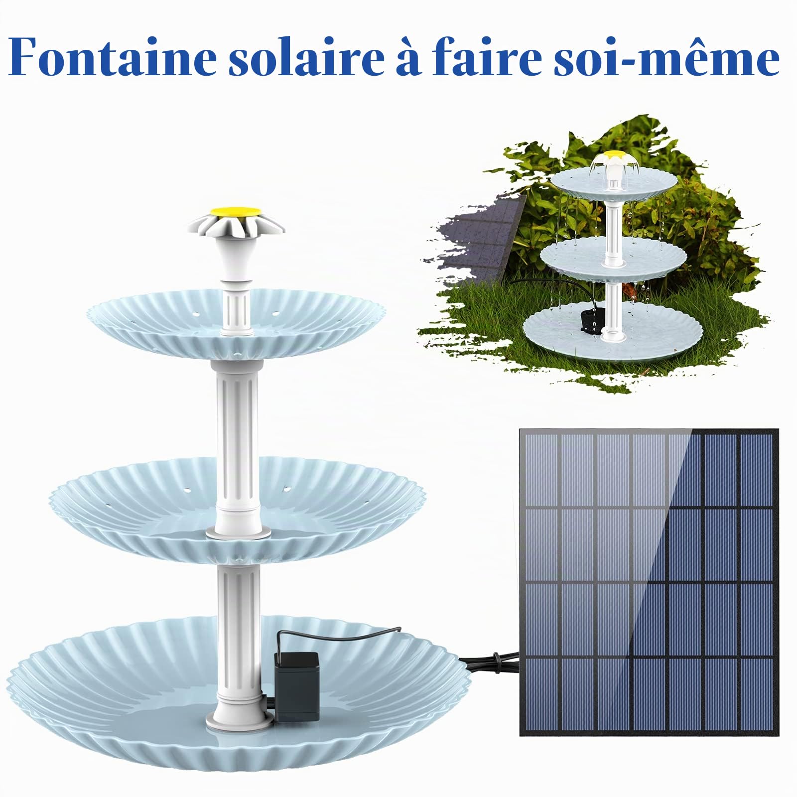 AISITIN Kit de 3,5W Fontaine Solaire pour Bain d'oiseau, Fontaine Cascade Solaire Détachable pour Les Bains d'oiseaux, Les Bols d'eau, Mangeoire pour Oiseaux d'extérieur(Blue)