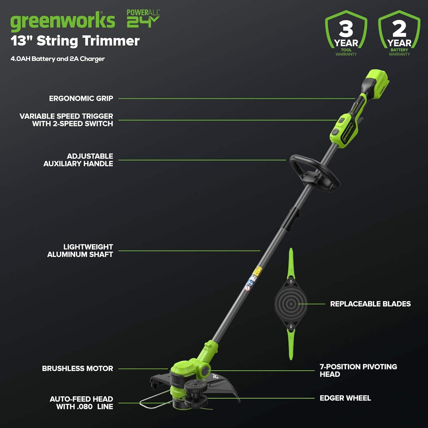 Greenworks 24V 13" Brushless Cordless String Trimmer/Edger (Includes 20 Blades), 4.0Ah Battery and Charger Included