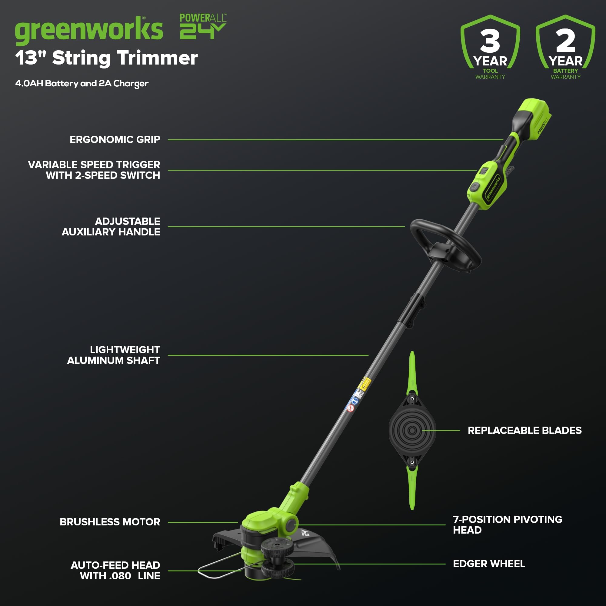 Greenworks 24V desbrozadora bateria, 33 cm de Ancho de Corte, rotación de 90°, Incl. Carrete de Alambre y 20 Cuchillas de plástico, Incl. batería de 4.0 Ah y Cargador, GD24LT33K4