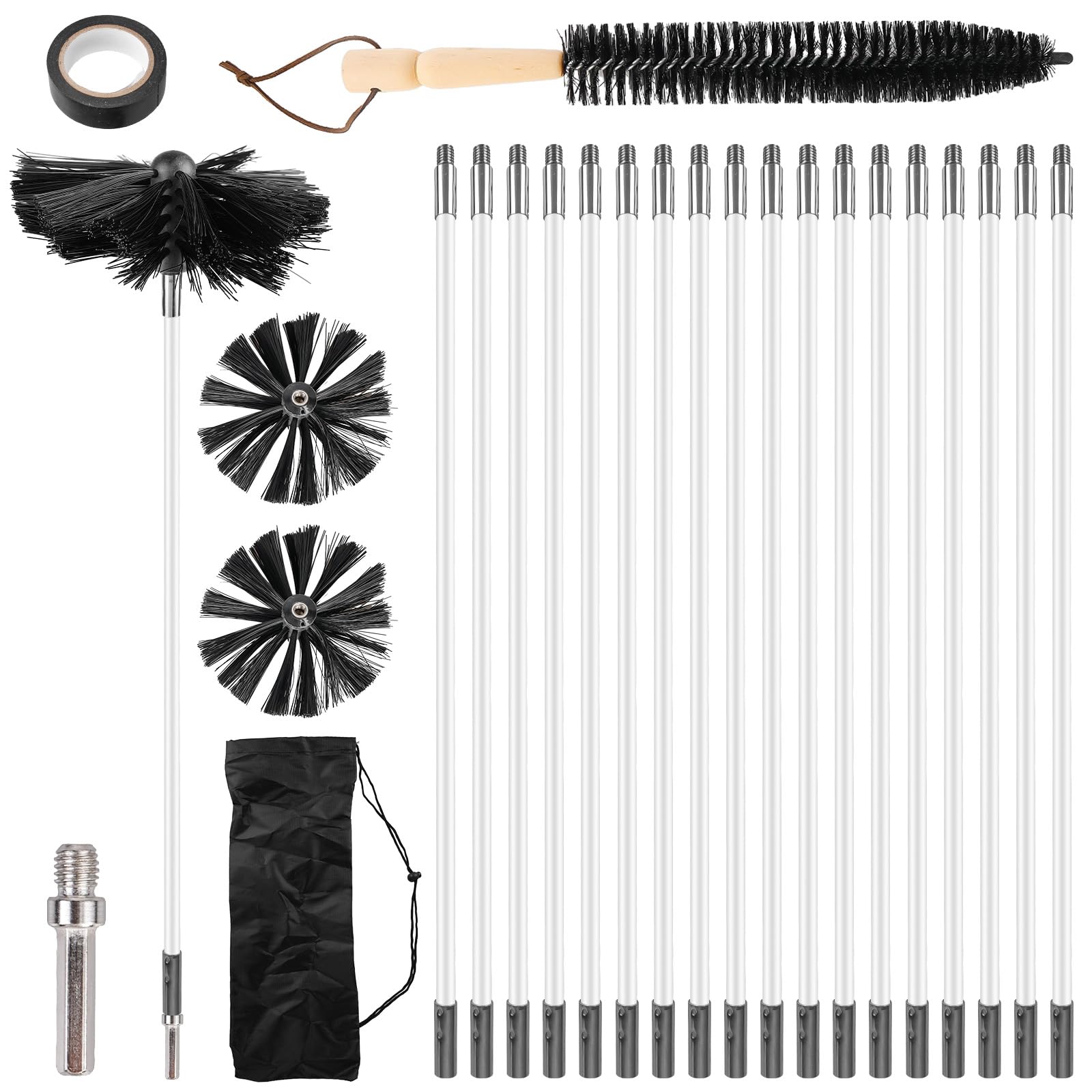 Set da 24 Pezzi di Spazzole per Camino con Aste Flessibili 410 mm, Kit Pulizia Canne Fumarie