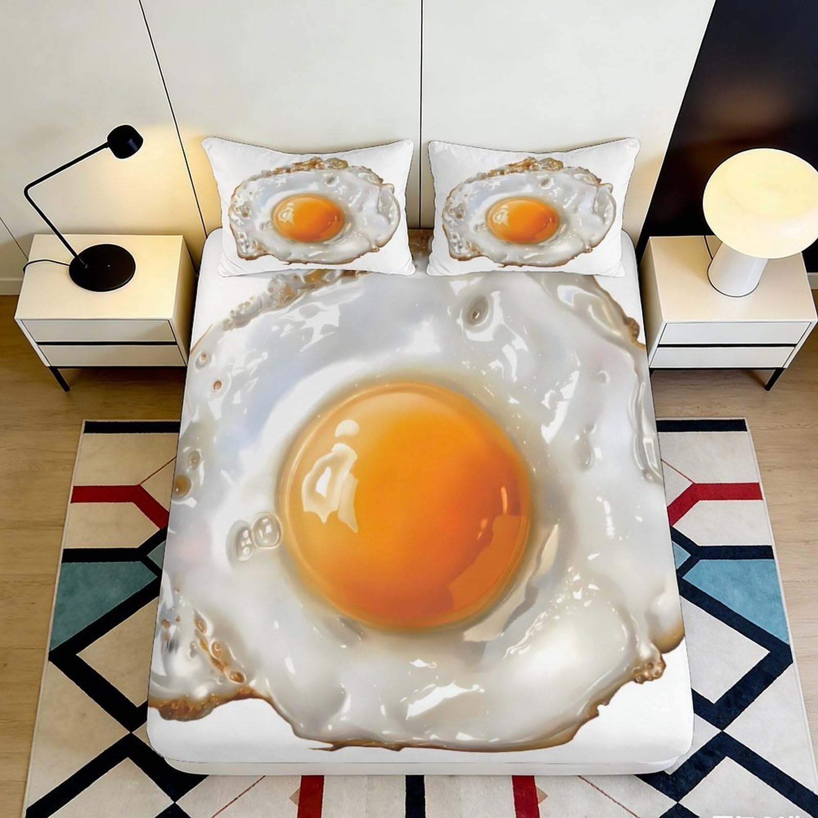 3D Printed Fried Egg Fitted Sheet Microfiber Soft Breathable Sunny Side Up Mattress Cover for Bedroom Dorm Decor 90x200x25cm