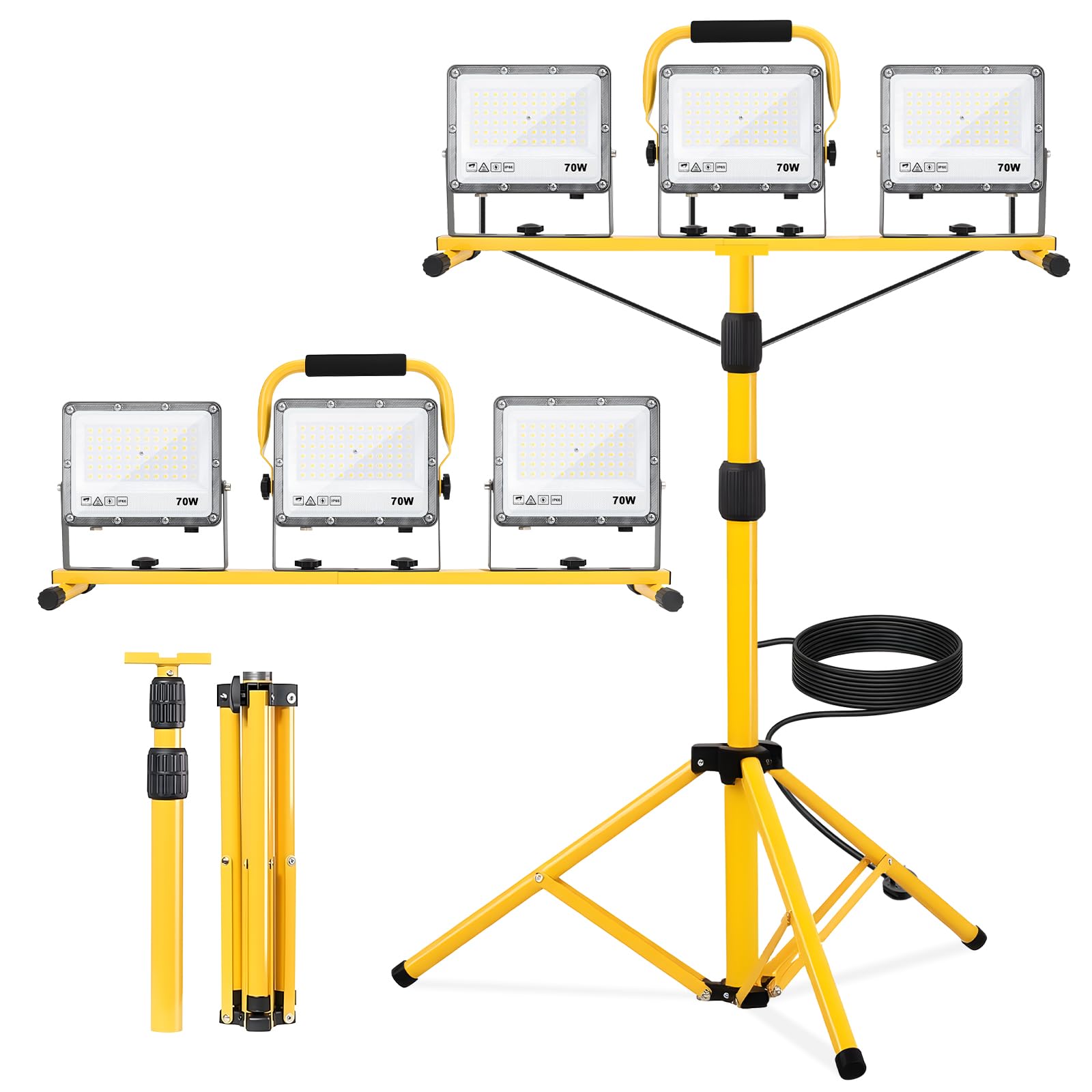 Yofuly Baustrahler LED mit Stativ 3×70W 21000LM, 3 Verstellbare Köpfe Baustellenlampe IP66 Wasserdichte, Baulampe mit 5m Kabel für Garage Werkstatt Baustelle, PC-Linsen | Höhenverstellbar 160cm