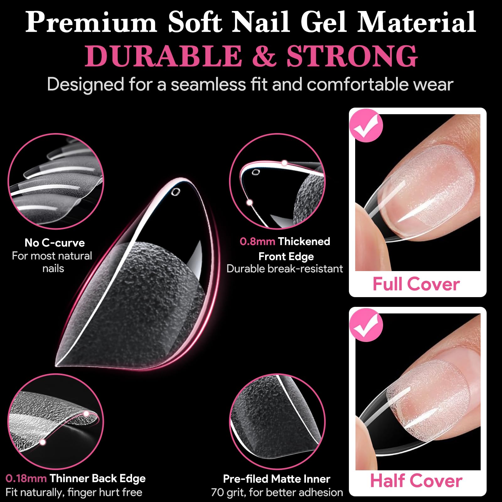 QIEK 510PCS 15 Sizes Short Almond Nail Tips for Gel Extensions Half Matte Clear Acrylic Soft Gel X Full Cover Tips Pre-shaped Press On Nail for Home DIY and Art Salon - Image 4