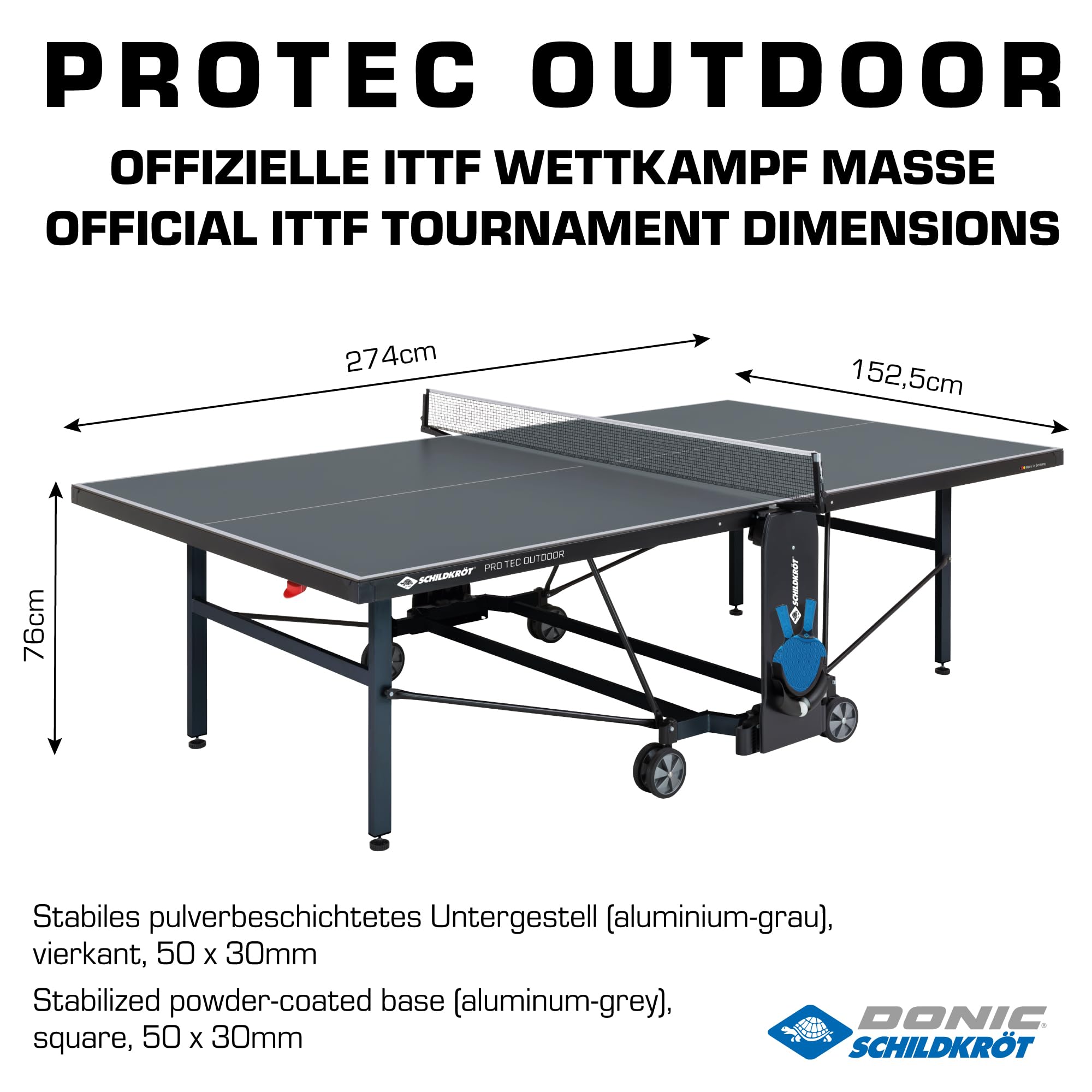 Schildkröt Tischtennisplatte ProTec Outdoor, wetterfester Kompakttisch, 6mm Melaminharzplatte, trendiges matt-schwarzes Design, klappbar und durch lenkbare Räder leicht fahrbar