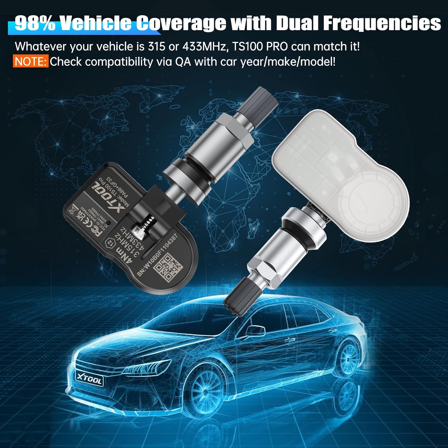 XTOOL TS100 PRO TPMS Sensor, 315Mhz/433MHz TPMS Tire Pressure Monitoring Sensor Fits for GM, for Ford, for Toyota, All Cars, Metal Value 1-Pack Replacement, ONLY Programmed by XTOOL TP150/IP819TP