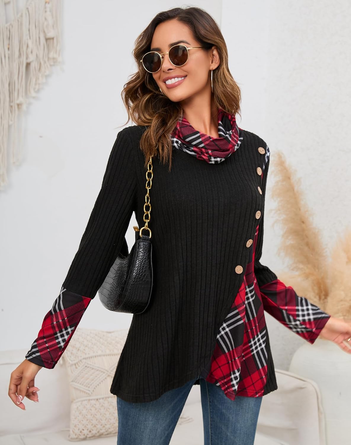 Miusey Women's Cowl Neck Pullover Sweaters Lightweight Long Sleeve Tunic Sweatshirts Asymmetric Hem Knit Sweater Red Black Plaid Medium