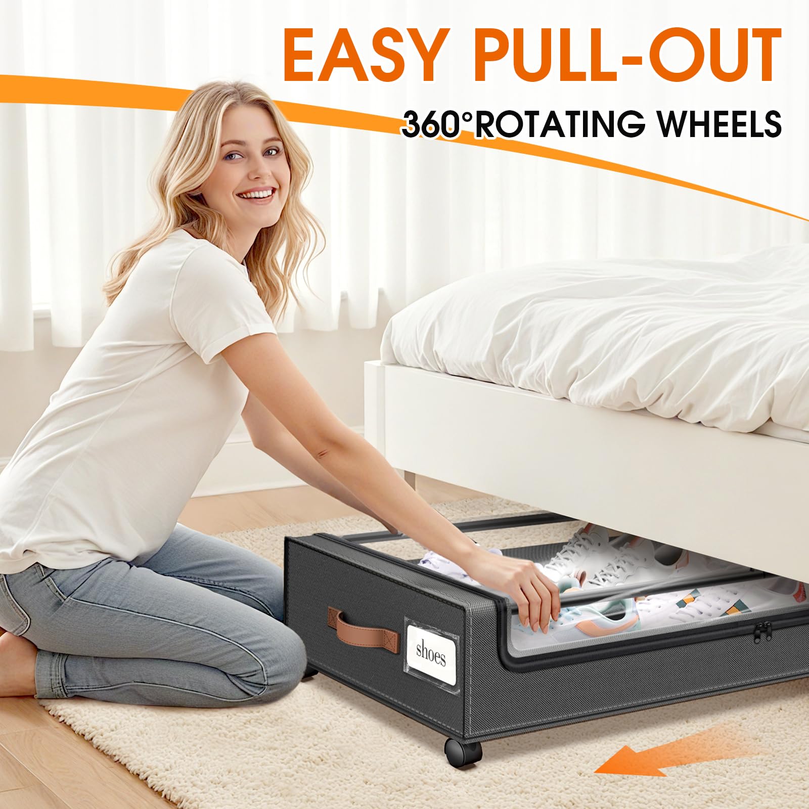 Contenitore sotto il letto con ruote, confezione da 3 contenitori con finestra trasparente