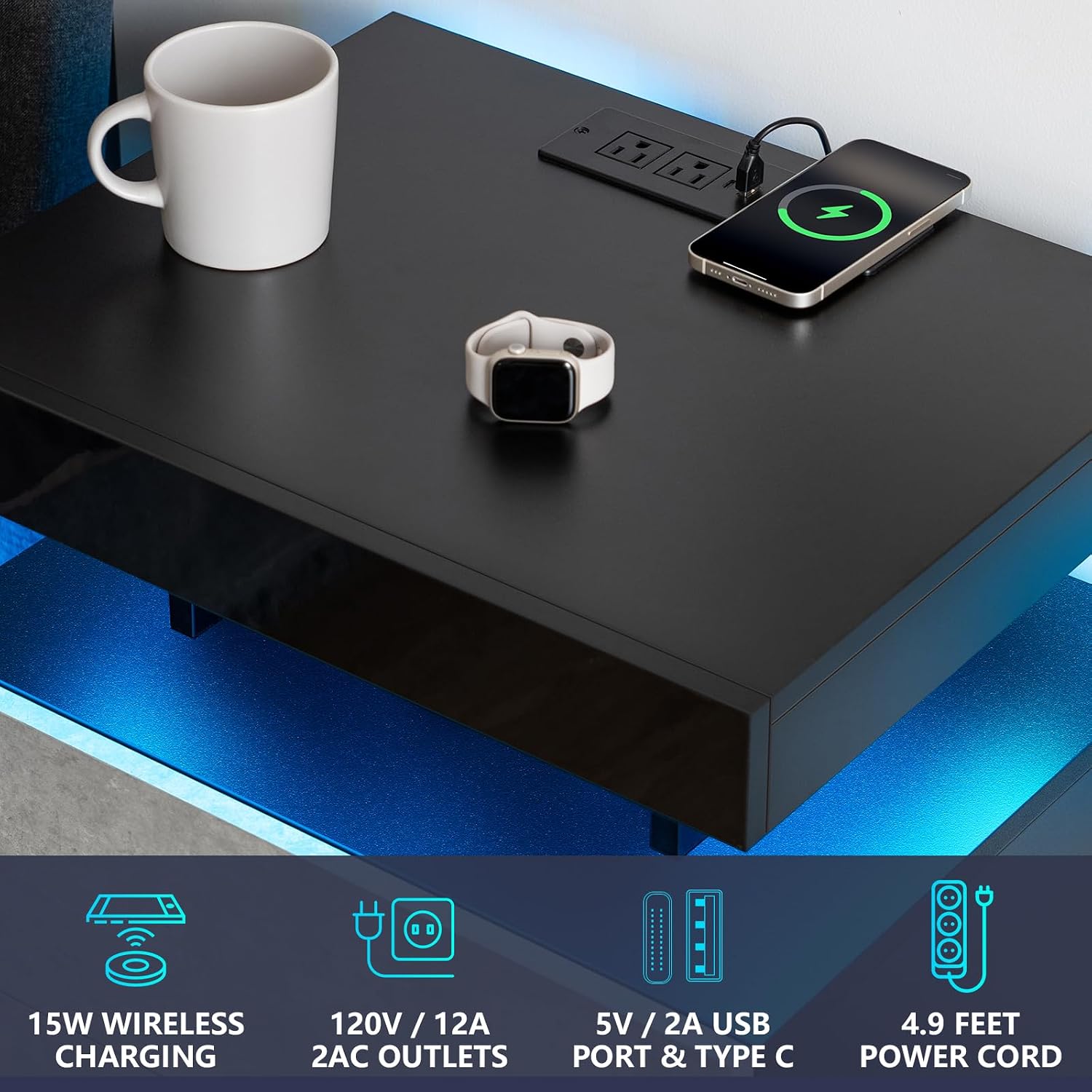 HOMMPA Set of 2 LED LED Nightstands with Wireless Charging Station Concrete Gray Matte Bedside Table with Led Light Smart Nightstand USB Port Night Table with 2 Drawers LED Night Stand for Bedroom