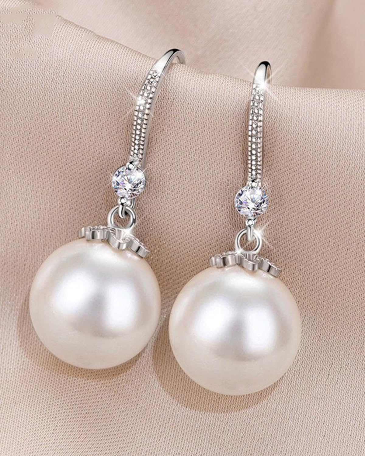 Sterling Silver Pearl Dangle Earrings for Women - Silver Huggie Drop Earrings with Zircon - Hypoallergenic Mothers Day Gift - Image 2