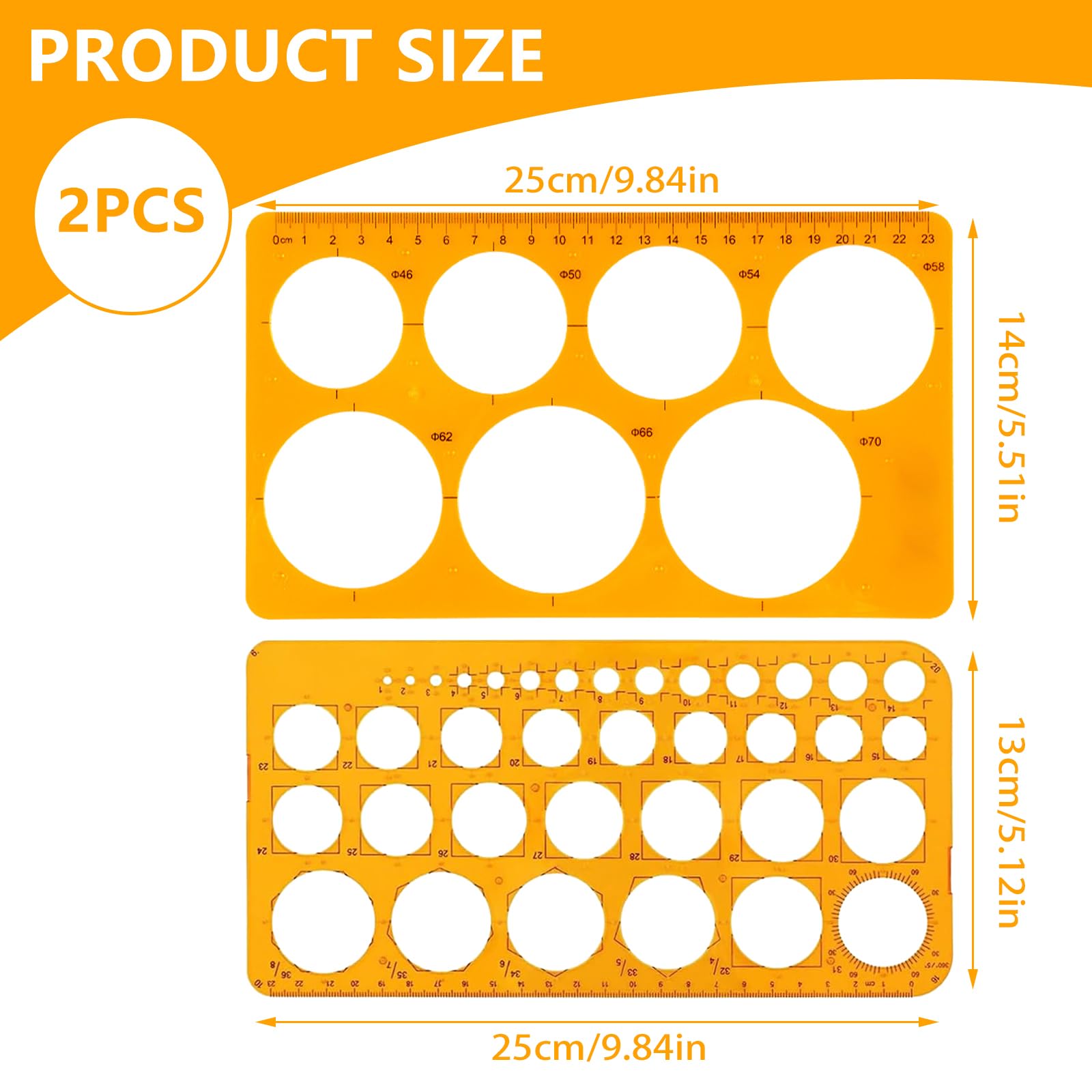 2 Piezas Plantillas para Dibujar, Plantilla Circulos Circular de plástico dibujo Reutilizables Simple y práctico, no es fácil de romper Unidades Regla Circular con 36 y 7 Círculos para Oficina Escuela