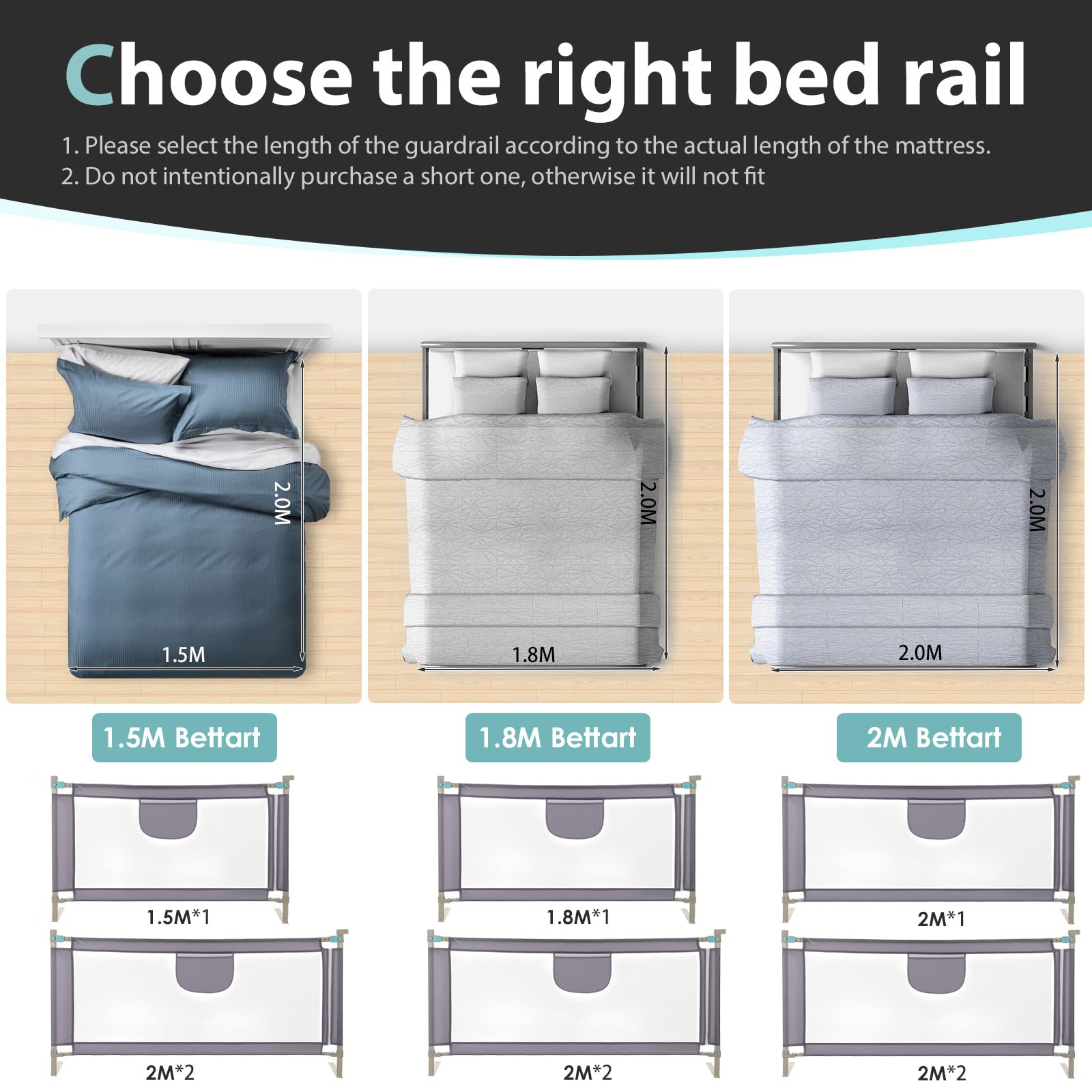 Barrera Seguridad Niños Cama, Barandilla Cama 180+200+200cm, Protección Anticaídas con Malla Transpirable, Barandilla Regulable en Altura 69-98 cm, Pasamanos con Bolsillo Lateral, Apto para Boxspring