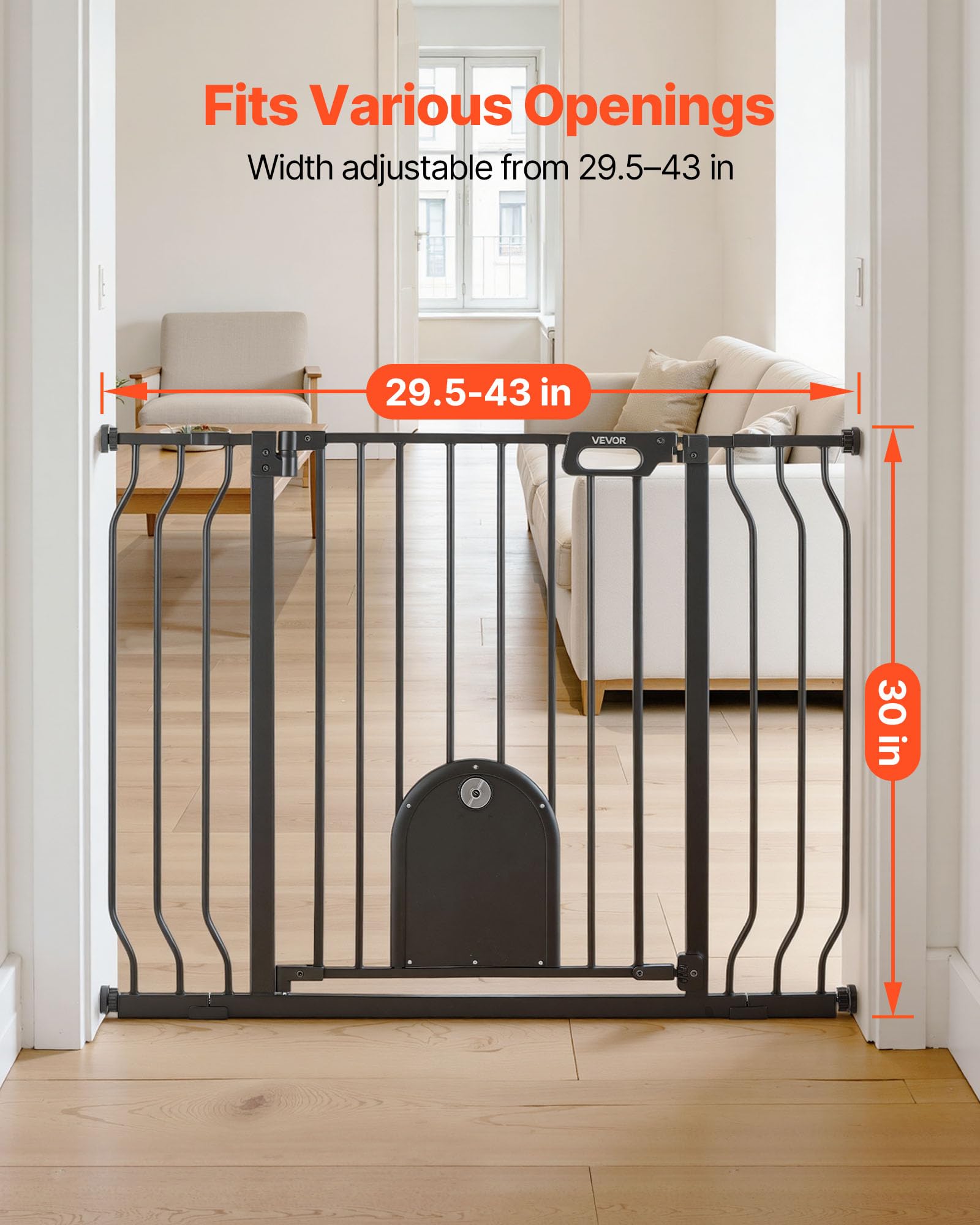 VEVOR Barrera de Seguridad para Niños, 76 cm x 75-111 cm, Valla de Seguridad Infantil con Puerta Ajustable para Gatos, Bloque Doble y Apertura en Dos Sentidos, para Escaleras Hogar, Color Negro