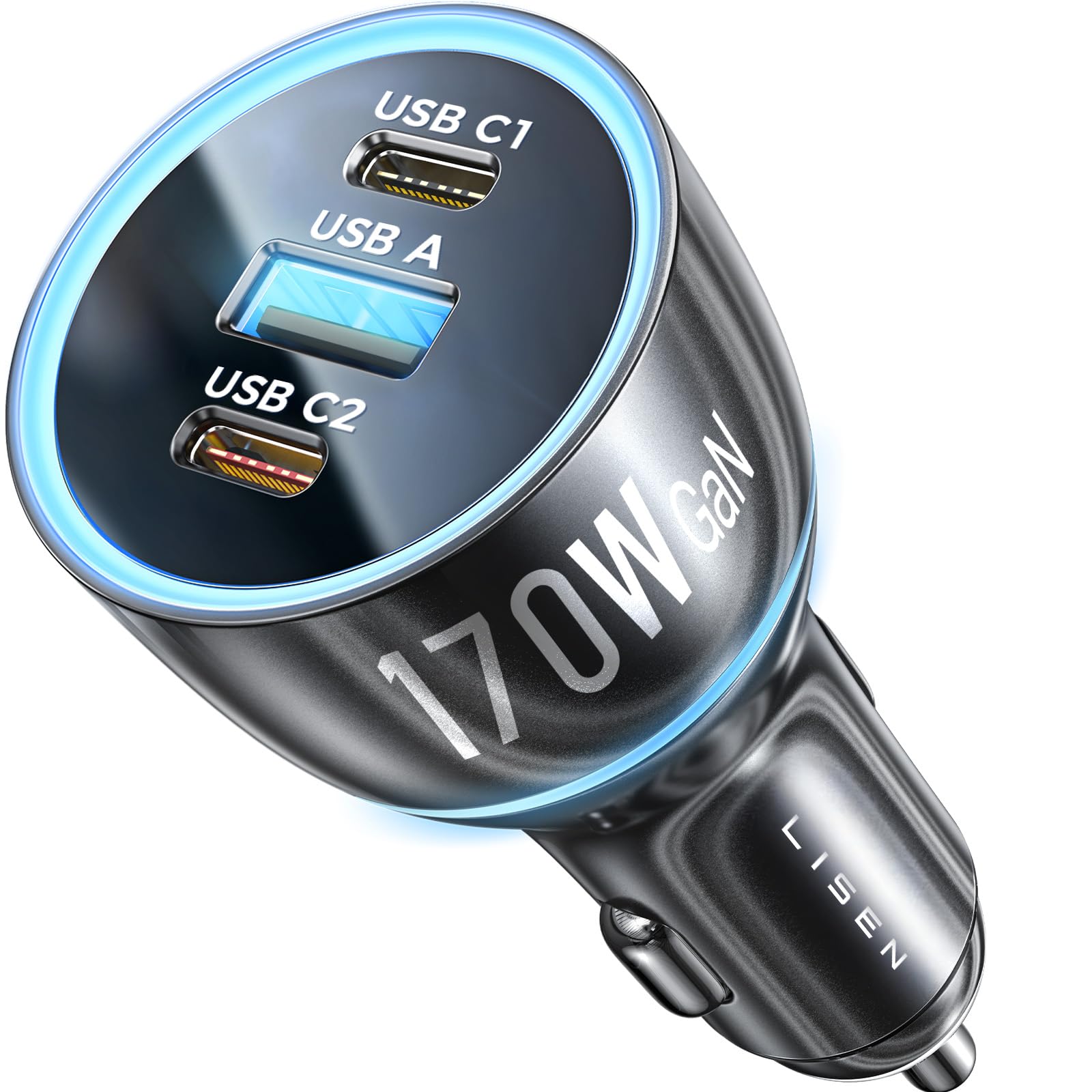 LISEN 170W Car Charger USB C Fast Charge Fast Car Charger, GaN Chip PD3.1 140W+PD30W/QC30W Cigarette Lighter USB Charger Adapter for iPhone17/16, MacBook Pro/Air, Laptop, Samsung S25/S24
