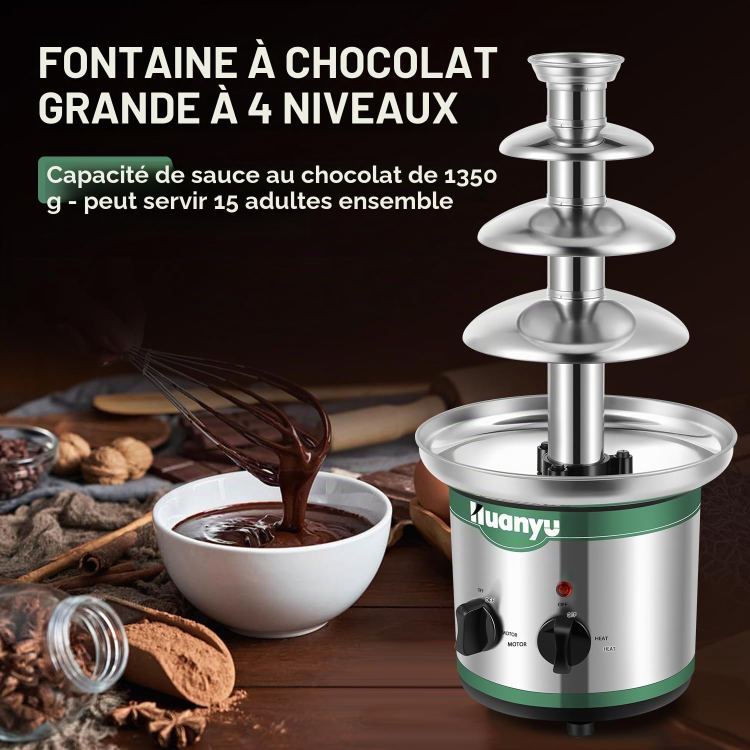 Huanyu Fontaine à chocolat à 4 niveaux Grand ensemble à fondue pour le chocolat Fontaine à chocolat électrique Ensemble à fondue au chocolat pour fête, mariage et anniversaire