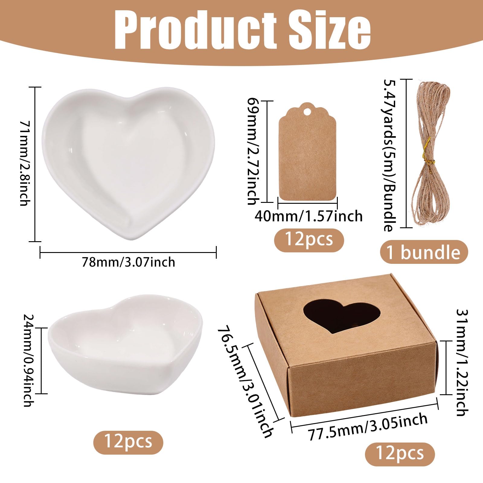 GLOBLELAND 12 pezzi Bomboniere di nozze per ospiti 7,6 cm cuore bianco in ceramica con scatola di carte piatti di condimento piatti di salsa di soia per matrimonio festa di compleanno