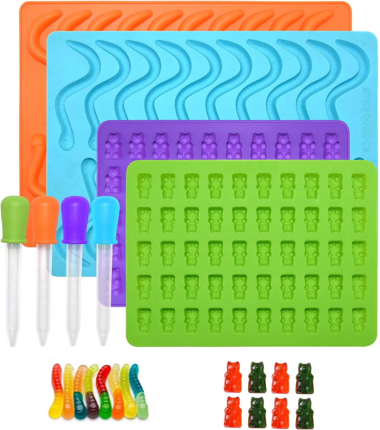 Gummy Worm & Gummy Bear 4pcs Silicone Candy Molds / 4 Droppers ~Set of 8 Lot Teddy Bear & Worm Shaped Food Grade for making Gummy Candy Chocolate Ice Cube Frozen treats family Fun Cooking candy making