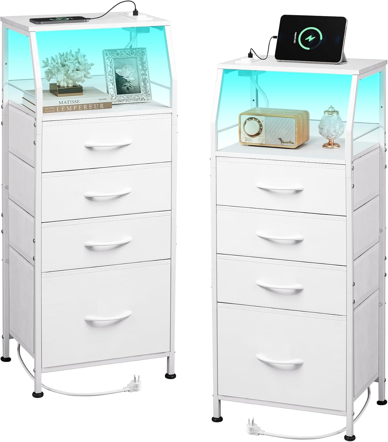 WLIVE Night Stand Set of 2 with Charger Station, White Nightstand Sets with LED Light and 4 Storage Drawers, Tall Dressers for Bedroom, Bedside Table Set with Fabric Bins, Wood Shelf, Metal Frame