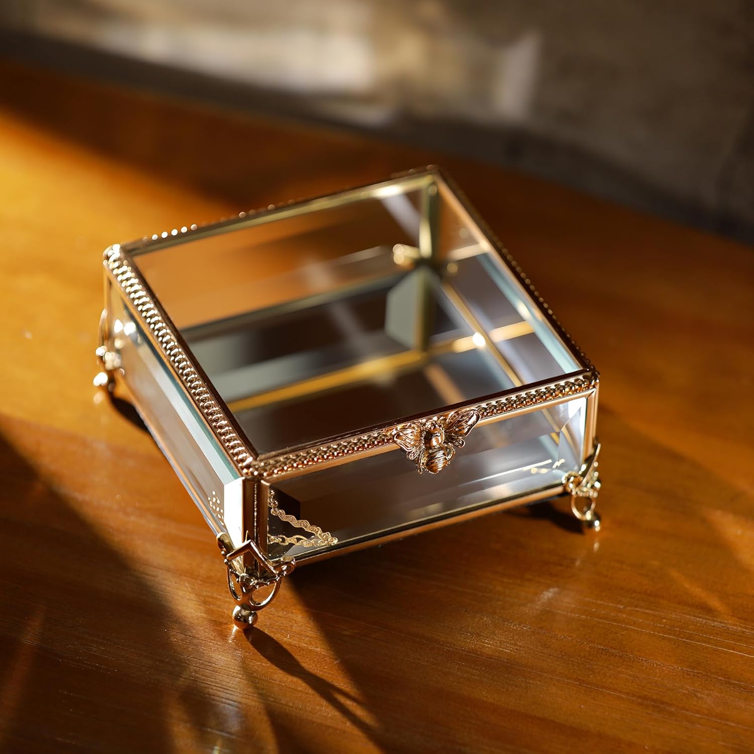 Glass Vintage Jewelry Box Keepsake storage Trinket Ring Display Box Home Decor Beveled Clear Glass Box Organizer(5.1x5.1x2.6inches)