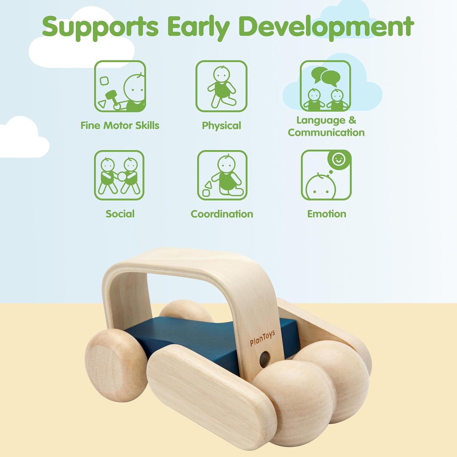 PlanToys® Wooden Massage Roller for Montessori Inspired Sensory Development | Calm Tactile Exploration and Body Awareness Activity | Eco Friendly Wooden Roller for Relaxation and Mindful Play