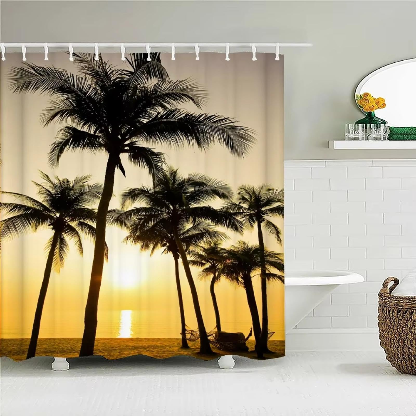 Rideau de douche coucher de soleil et palmiers 80x150 pour une ambiance plage et évasion