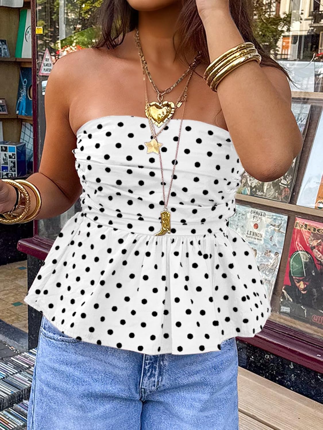 Tankaneo Womens Strapless Polka Dot Tube Tops Cute Backless Peplumn Ruffle Hem Bandeau Top Slim Fit Y2k Tank Tops - Image 6