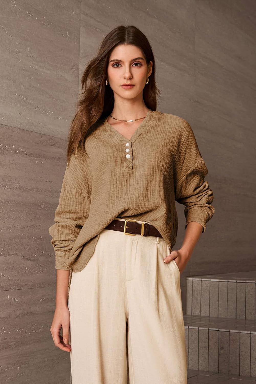 Dokotoo Womens Casual Button V Neck Long Sleeve Shirts Oversized Solid Blouses Tops - Image 2