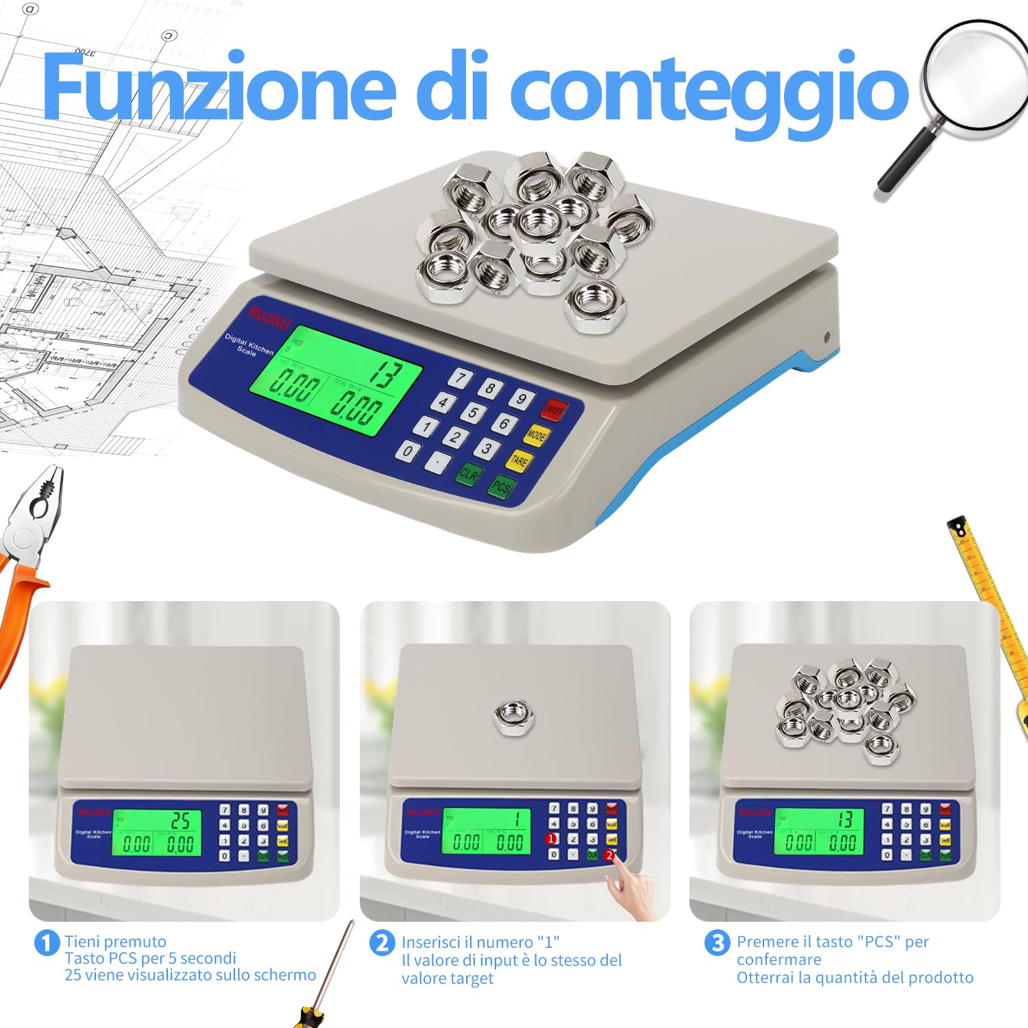 Bilancia digitale da cucina 30kg Bilancia da Cucina Elettronica Precisione con Funzione PCS Tare Plastica ABS Display LCD Peso Cucina bilance Fatturazione professionali