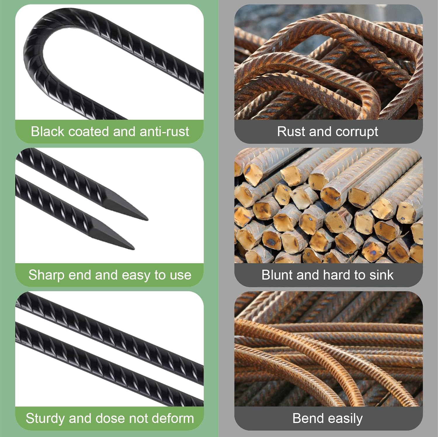 16 Pack 12 Inch Garden Ground Stakes, J Hook Rebar Stakes, Heavy Duty Steel Ground Anchors, for Tents, Fence, Trampoline and Outdoor Decoration